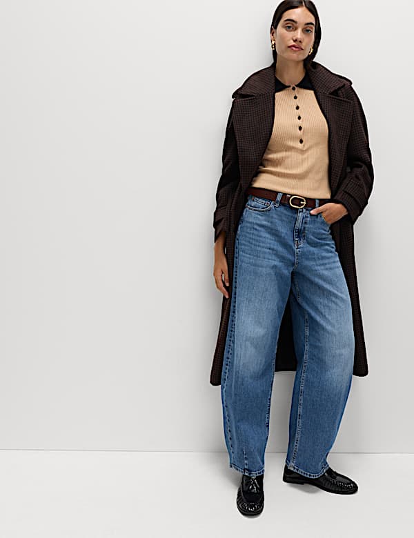 מעיל משבצות מחויט בגזרה ארוכה עם חגורה - IL