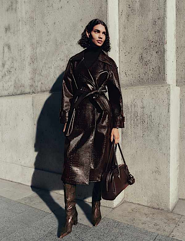 Textured Belted Longline Trench Coat - US