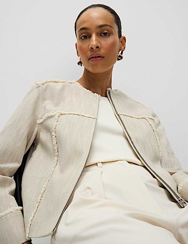 Τζάκετ με ξέφτια στο τελείωμα χωρίς γιακά από 100% βαμβάκι - GR