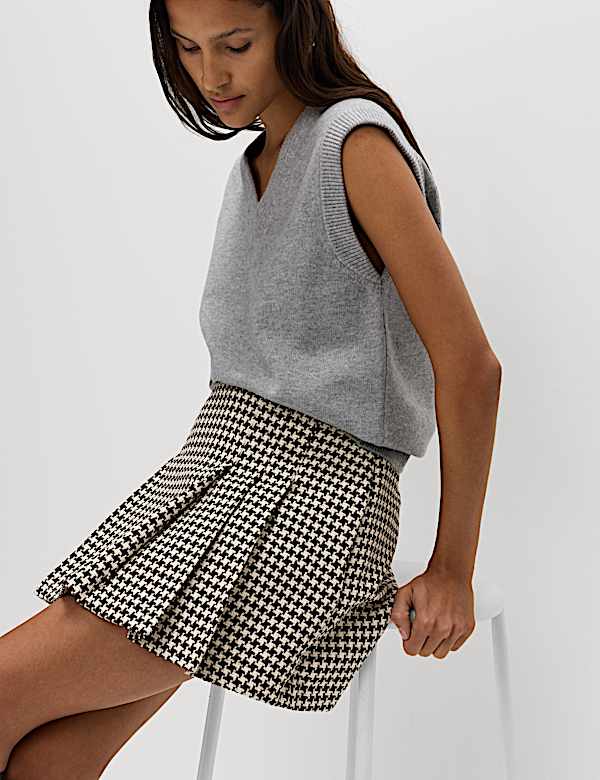 Cotton Rich Dogtooth Tweed Pleated Mini Skirt - LT