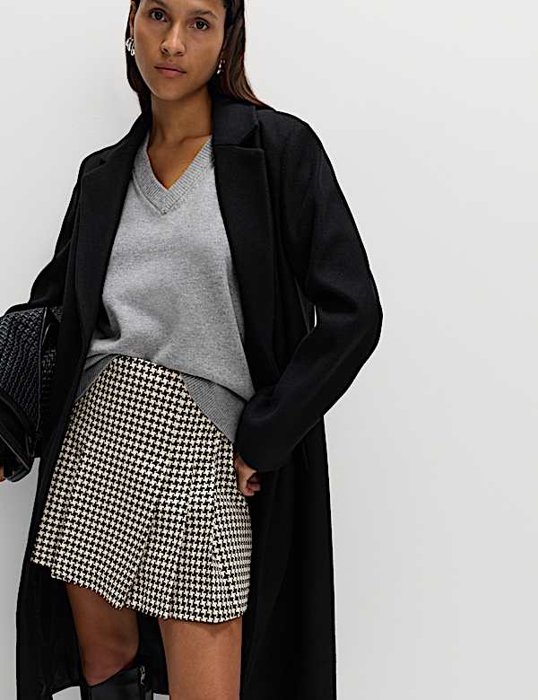 Cotton Rich Dogtooth Tweed Pleated Mini Skirt - LT