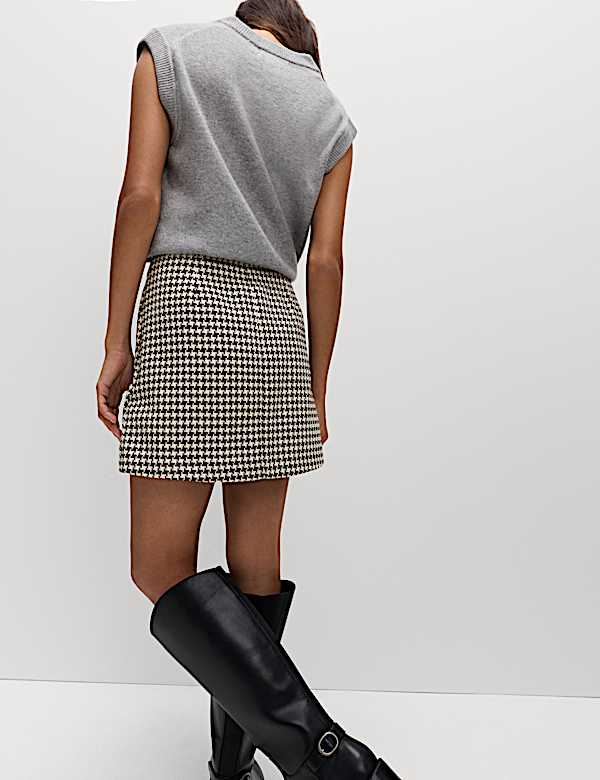 Cotton Rich Dogtooth Tweed Pleated Mini Skirt - LT