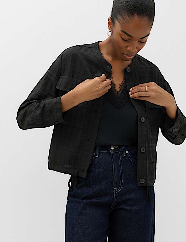 Checked Collarless Short Jacket - NL