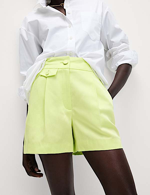 Linen Blend Twill High Waisted Shorts - KG