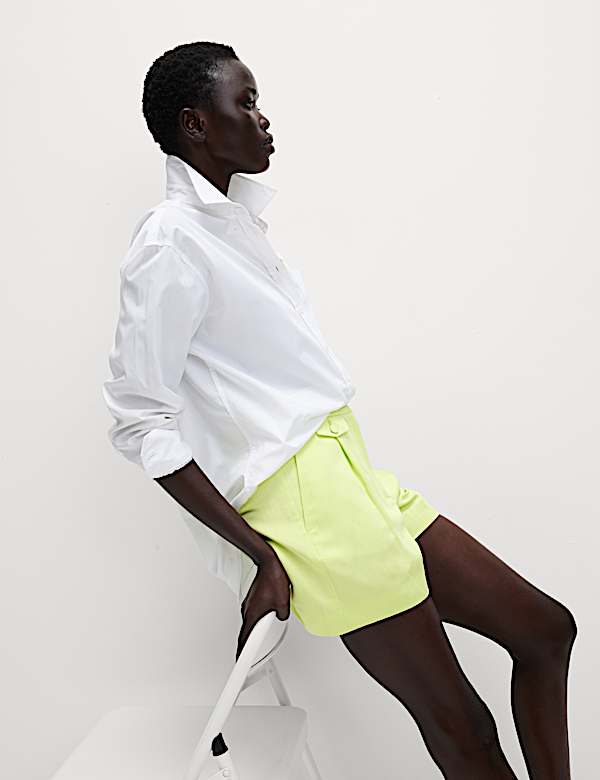 Celana Pendek Twill Berpinggang Tinggi Campuran Linen - ID