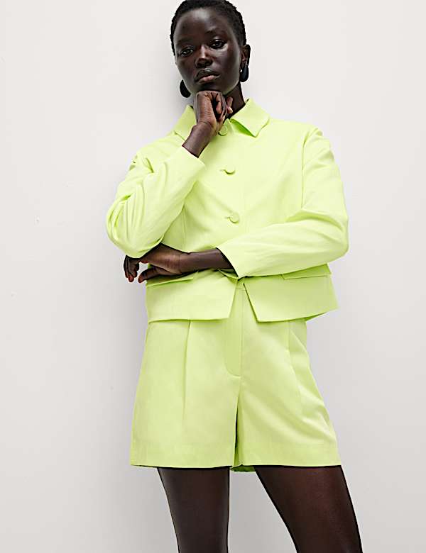 Celana Pendek Twill Berpinggang Tinggi Campuran Linen - ID