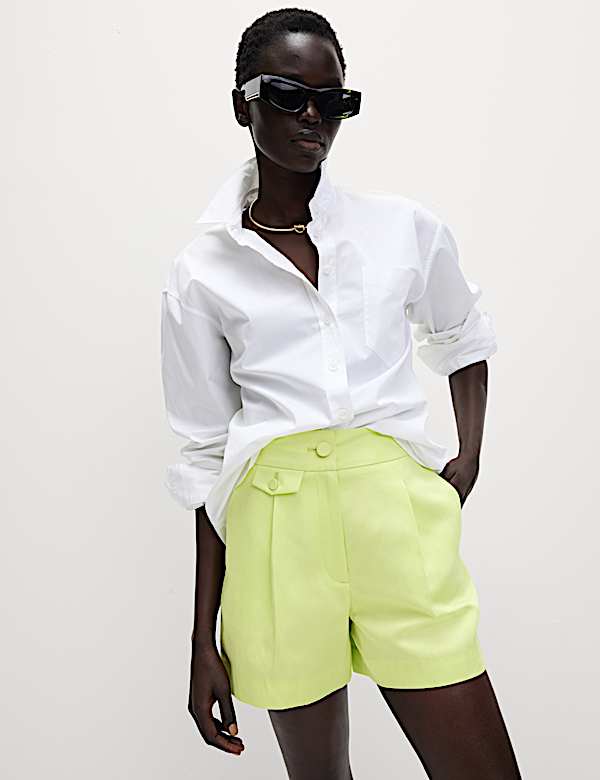 Celana Pendek Twill Berpinggang Tinggi Campuran Linen - ID