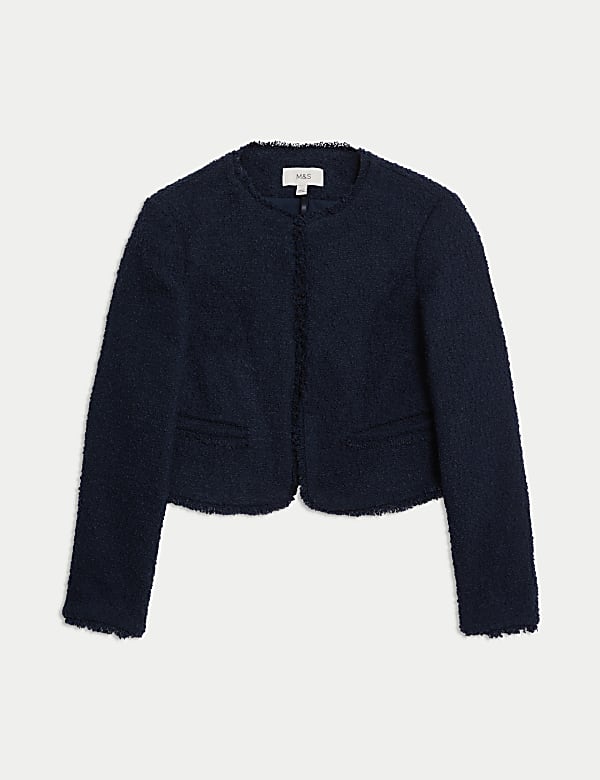 Tweed Collarless Short Jacket with Wool - AL