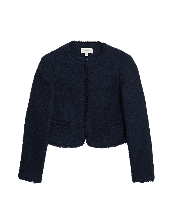 Tweed Collarless Short Jacket with Wool