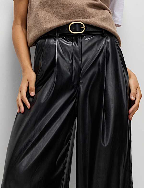 מכנסיים דמויי עור בגזרה רחבה עם קפלים כפולים - IL