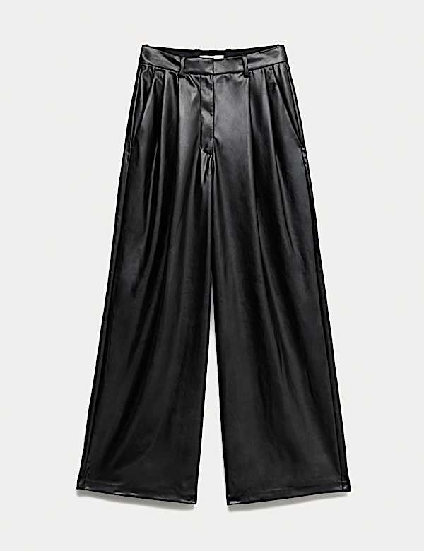 מכנסיים דמויי עור בגזרה רחבה עם קפלים כפולים - IL