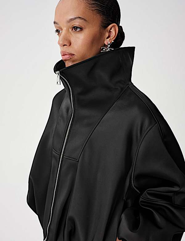Satin Funnel Neck Cropped Bomber Jacket - AT