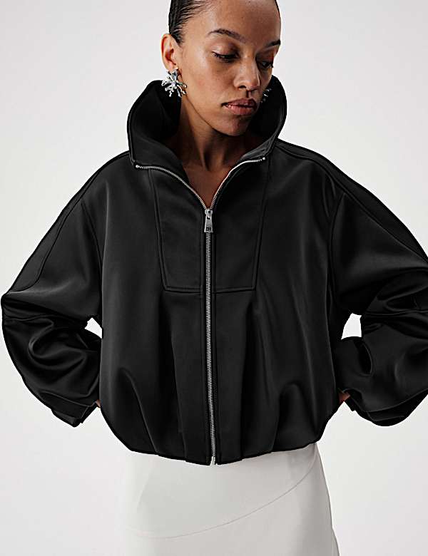Satin Funnel Neck Cropped Bomber Jacket - AT