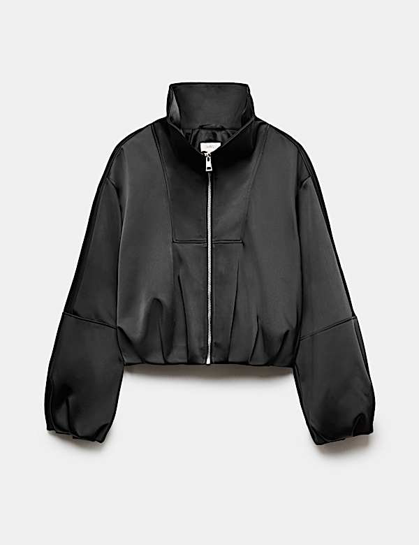 Satin Funnel Neck Cropped Bomber Jacket - AT