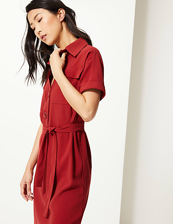 Crepe Tie Front Midi Shirt Dress