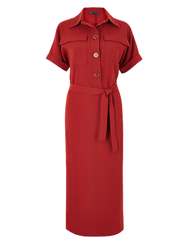 Crepe Tie Front Midi Shirt Dress