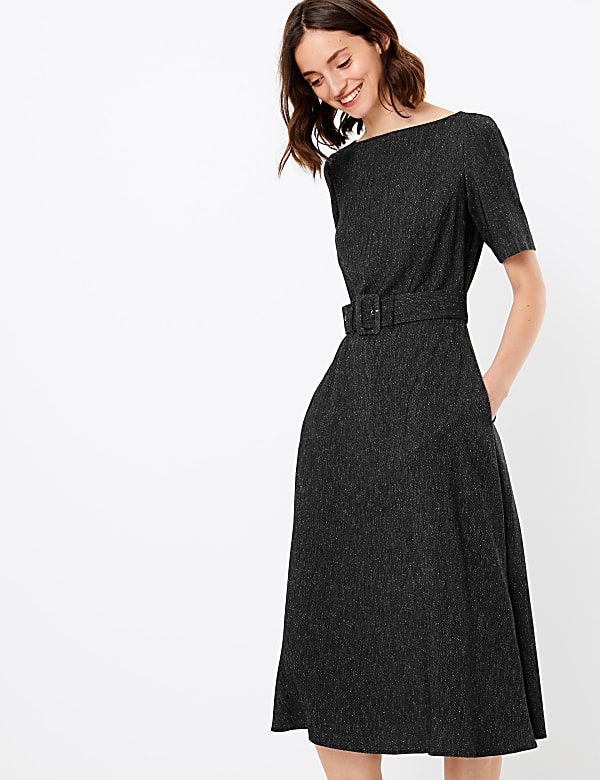 Belted Herringbone Fit & Flare Midi Dress