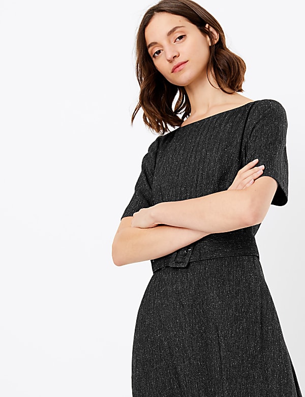 Belted Herringbone Fit & Flare Midi Dress