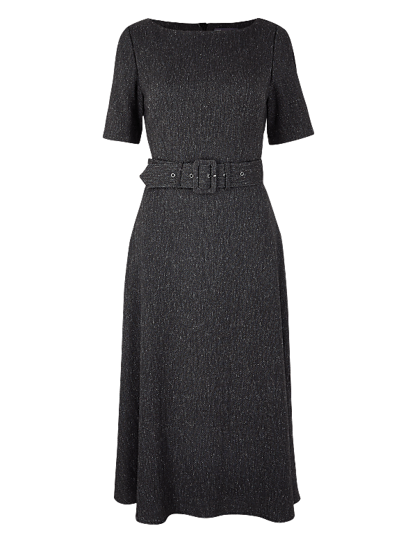 Belted Herringbone Fit & Flare Midi Dress