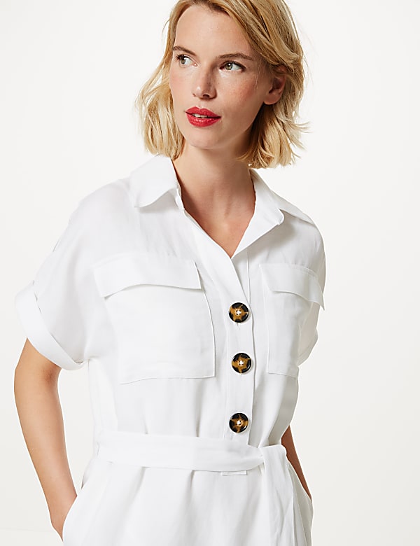 Linen Blend Patch Pocket Shirt Midi Dress