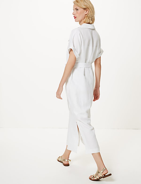 Linen Blend Patch Pocket Shirt Midi Dress