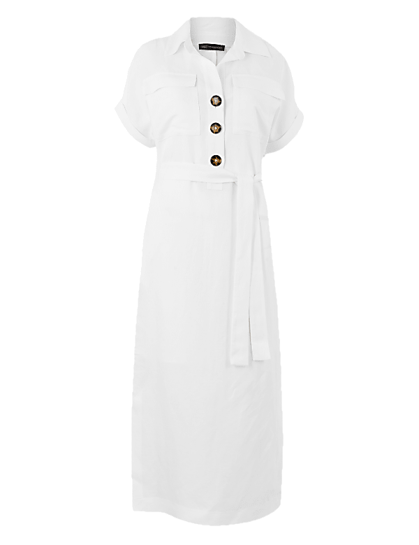 Linen Blend Patch Pocket Shirt Midi Dress