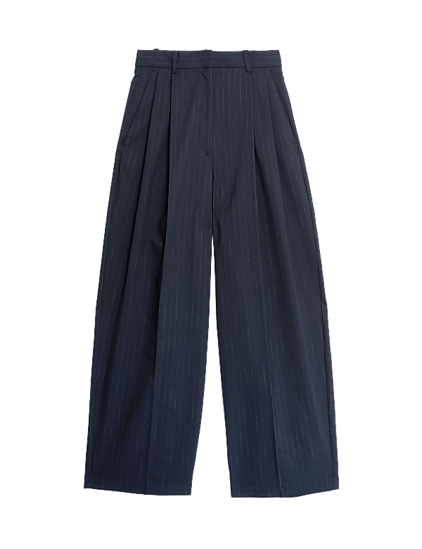 Pinstripe Pleat Front Wide Leg Trousers