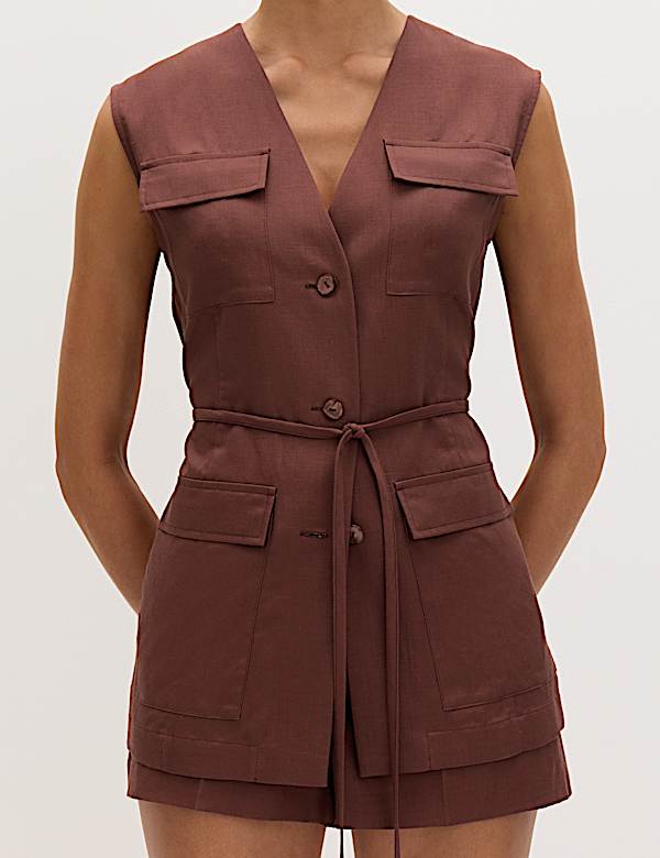 Belted Utility Longline Waistcoat with Linen