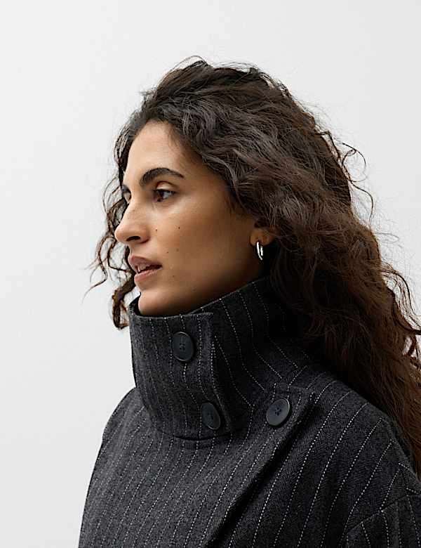 Pinstriped Funnel Neck Belted Asymmetric Trench Coat With Wool - US