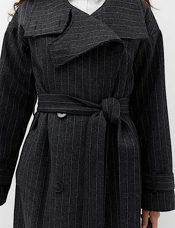 Pinstriped Funnel Neck Belted Asymmetric Trench Coat With Wool - US