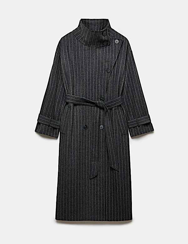 Pinstriped Funnel Neck Belted Asymmetric Trench Coat With Wool - NO