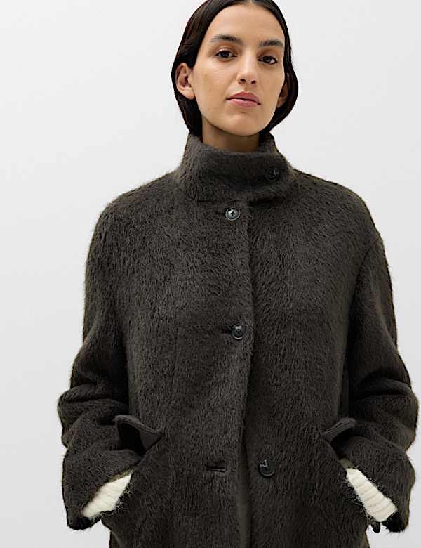 Brushed Funnel Neck Midi Coat
