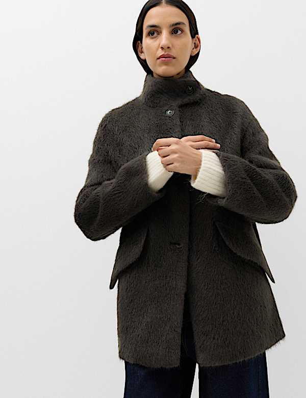 Brushed Funnel Neck Midi Coat - NO