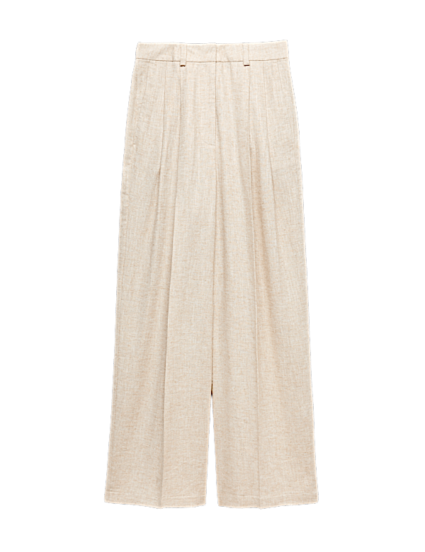 Linen Blend Pleat Front Wide Leg Trousers