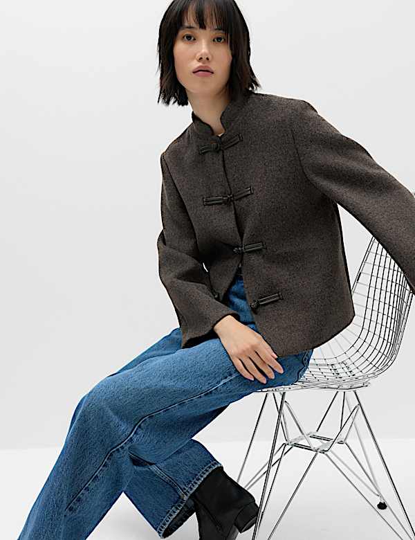 Textured Knot Button Detail Short Jacket - AL