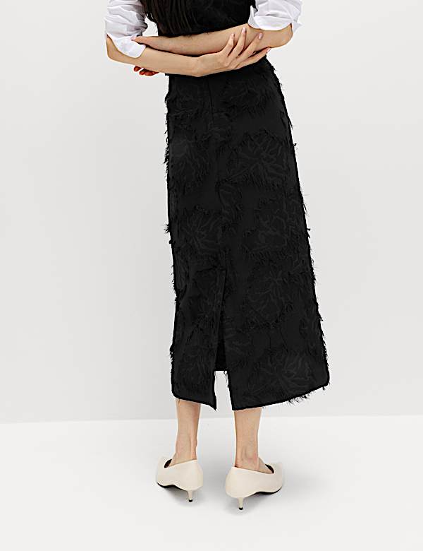 Textured Floral Jacquard Midi Column Skirt - CA