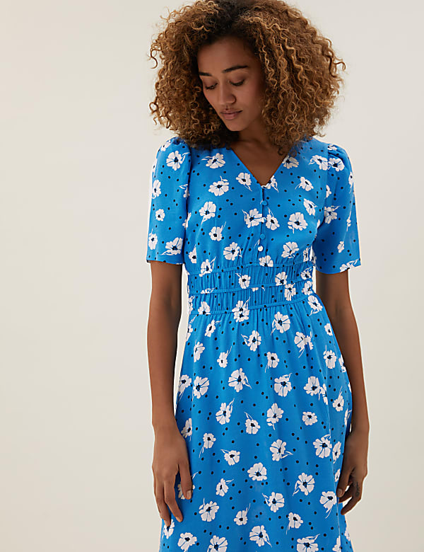 Floral Puff Sleeve Midi Waisted Dress