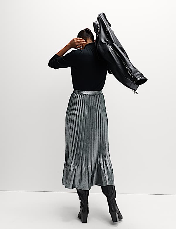 Metaliczna plisowana spódnica midi - PL