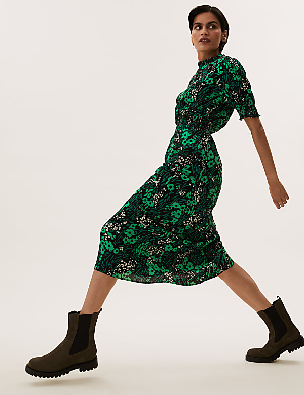 Floral High Neck Shirred Midi Waisted Dress