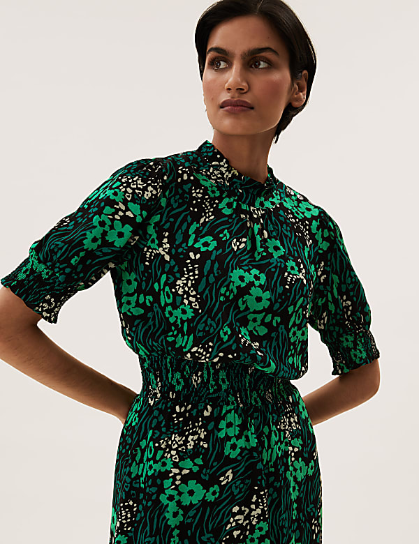 Floral High Neck Shirred Midi Waisted Dress