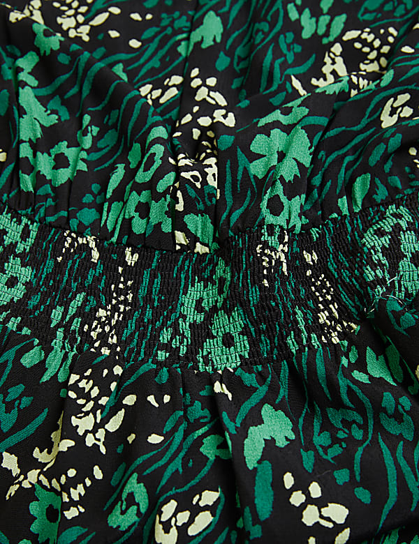 Floral High Neck Shirred Midi Waisted Dress