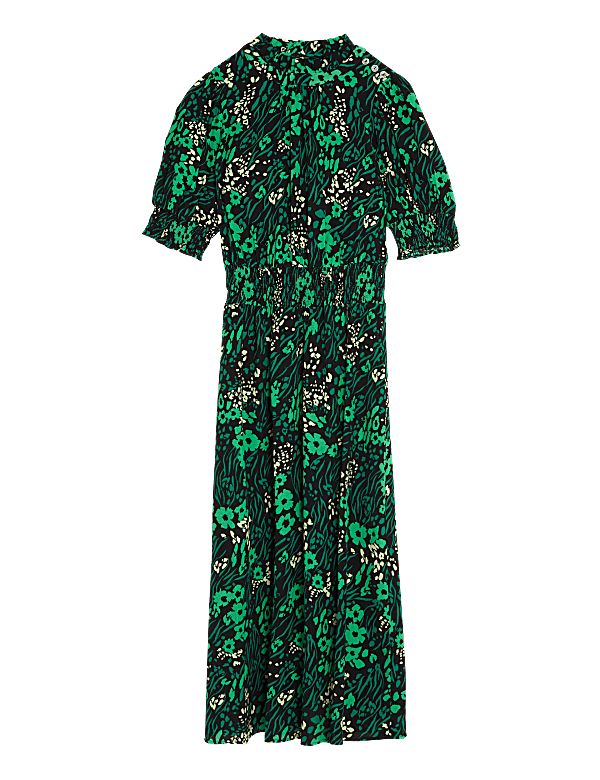 Floral High Neck Shirred Midi Waisted Dress
