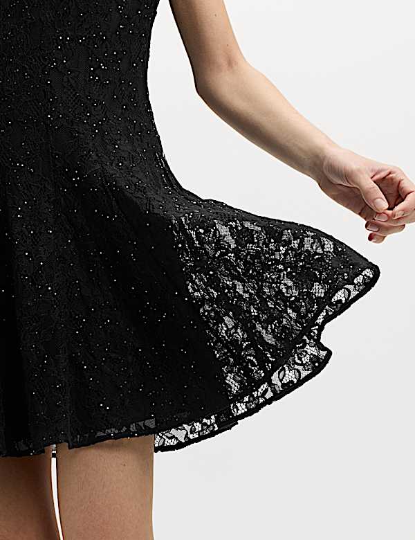 Lace Sequin Mini Skater Dress - VN