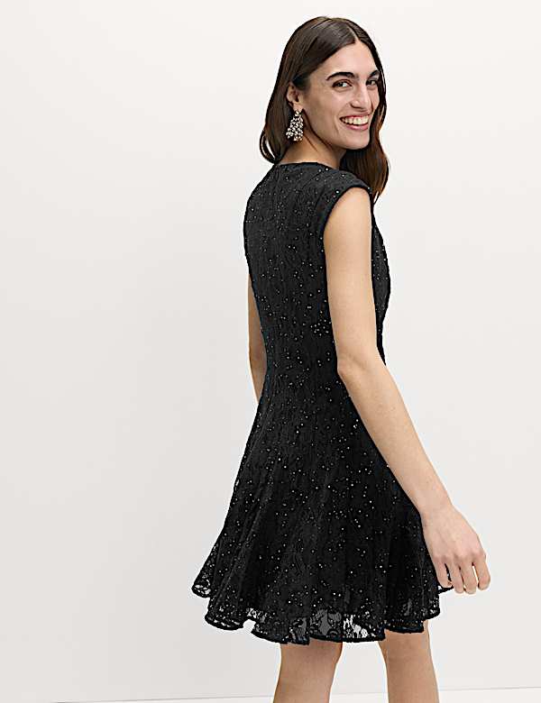 Lace Sequin Mini Skater Dress - VN
