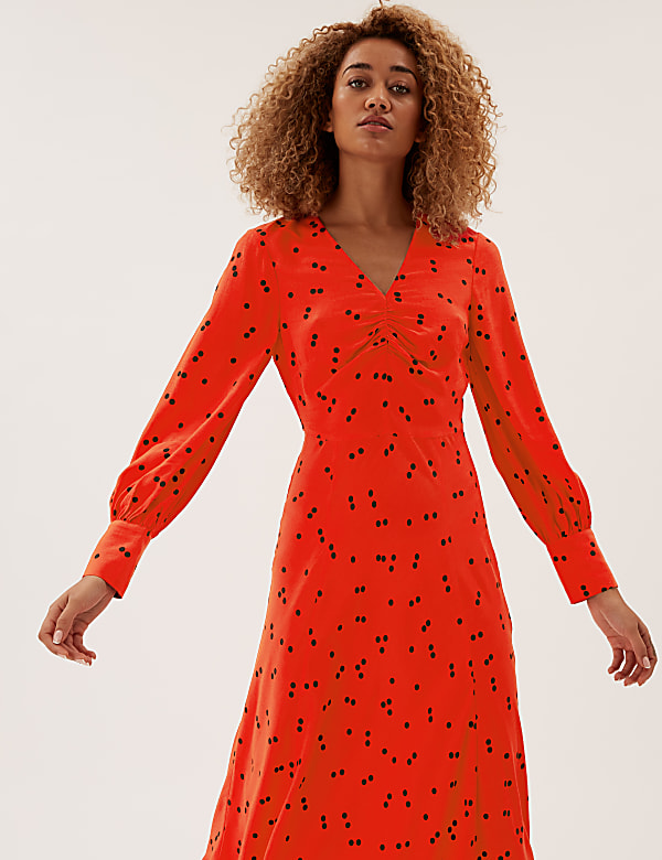 Polka Dot Ruched V-neck Midi Dress
