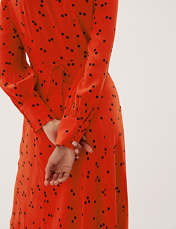 Polka Dot Ruched V-neck Midi Dress