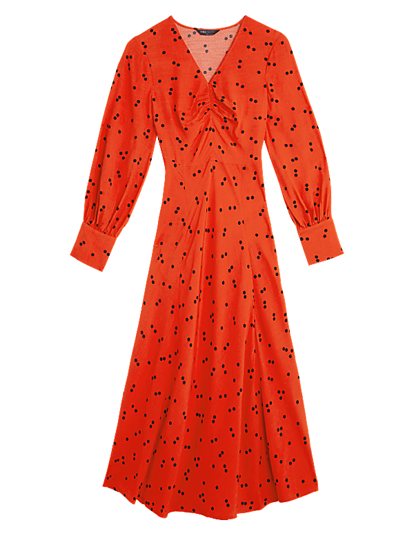 Polka Dot Ruched V-neck Midi Dress
