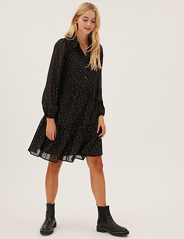 Foil Star Print Knee Length Shirt Dress