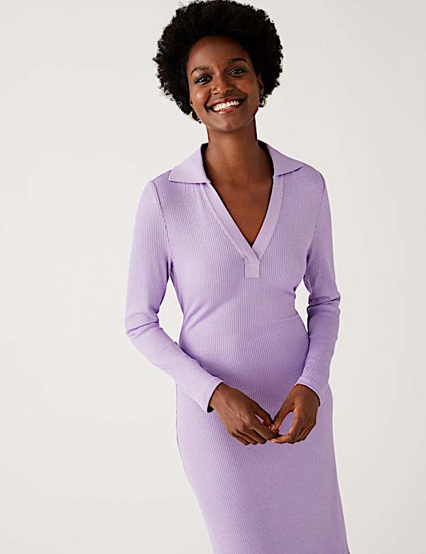 Ribbed V-Neck Tie Front Midi Column Dress