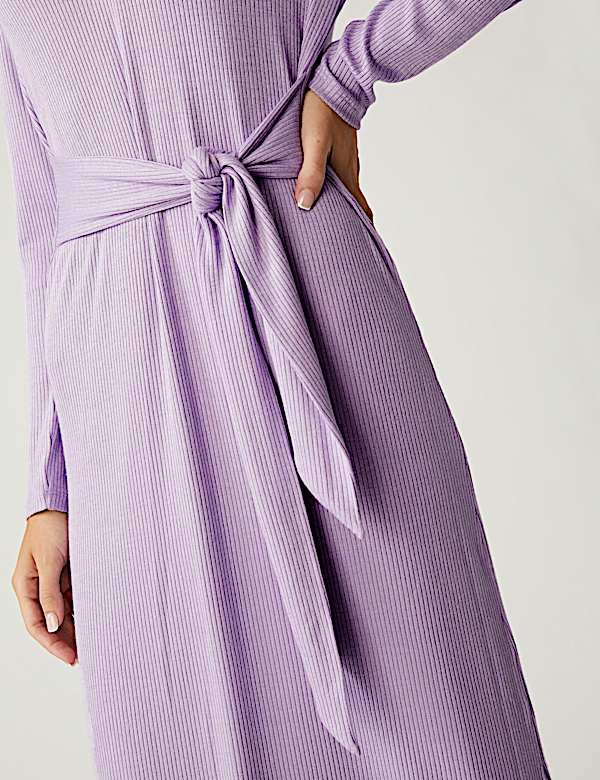 Ribbed V-Neck Tie Front Midi Column Dress